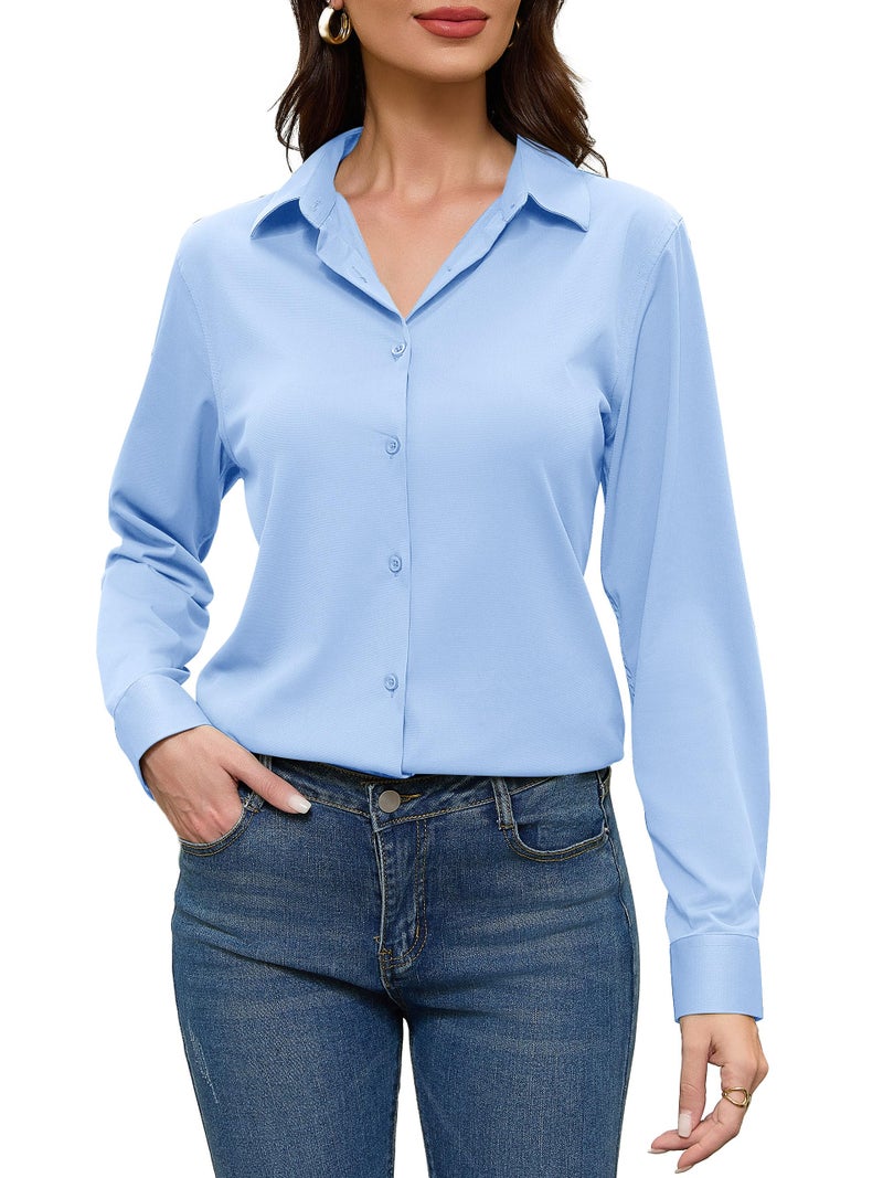 COUXILY Sky Blue Blouse Baby for Women Long Sleeve Collar Silk Shirt Woman Womens Top Button Up Down Dressy Collared Blouses Business Casual Tops Work Fashion Wrinkle Free Light Blue Size L - Image 2