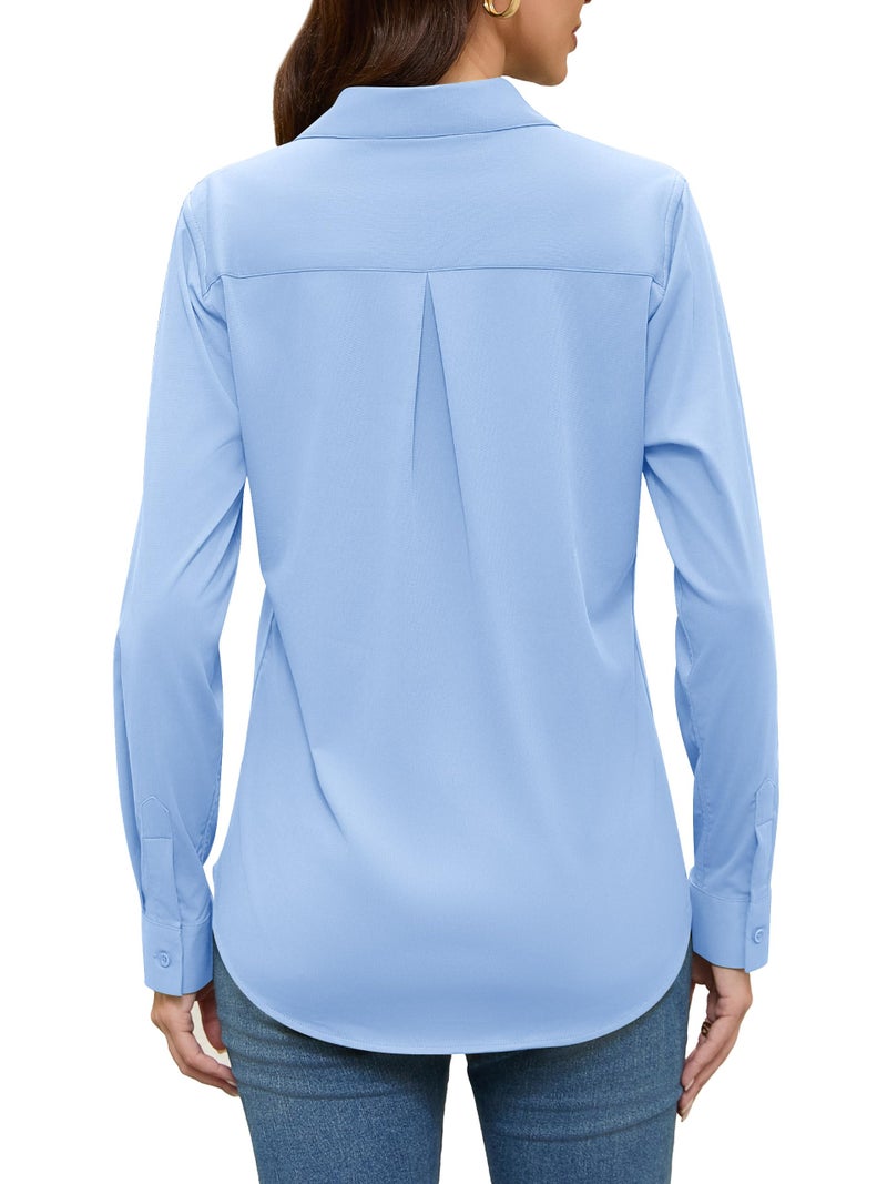COUXILY Sky Blue Blouse Baby for Women Long Sleeve Collar Silk Shirt Woman Womens Top Button Up Down Dressy Collared Blouses Business Casual Tops Work Fashion Wrinkle Free Light Blue Size L - Image 5