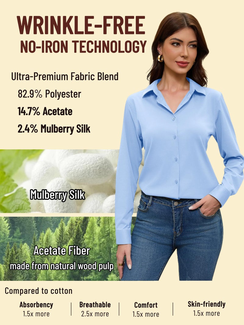 COUXILY Sky Blue Blouse Baby for Women Long Sleeve Collar Silk Shirt Woman Womens Top Button Up Down Dressy Collared Blouses Business Casual Tops Work Fashion Wrinkle Free Light Blue Size L - Image 3