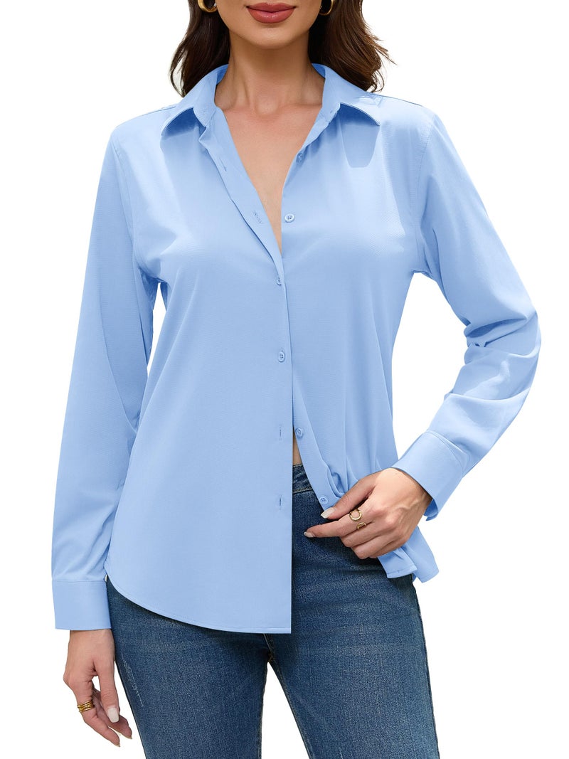 COUXILY Sky Blue Blouse Baby for Women Long Sleeve Collar Silk Shirt Woman Womens Top Button Up Down Dressy Collared Blouses Business Casual Tops Work Fashion Wrinkle Free Light Blue Size L - Image 4