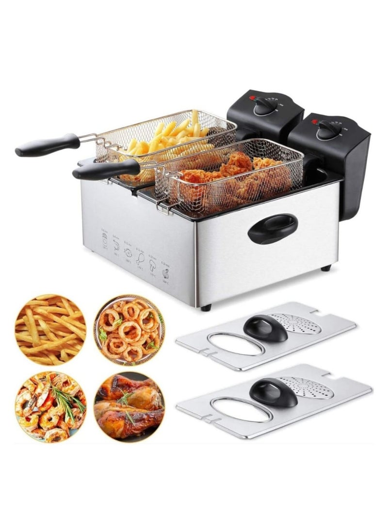 Stainless Steel Double Deep Fryer 6L with Window Lid – Dual Basket Electric Fryer with Oil Container, Adjustable Temperature & Timer, for Kitchen & Restaurant Use  - Image 1