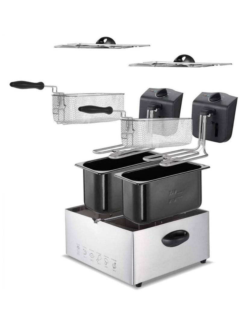 Stainless Steel Double Deep Fryer 6L with Window Lid – Dual Basket Electric Fryer with Oil Container, Adjustable Temperature & Timer, for Kitchen & Restaurant Use  - Image 3