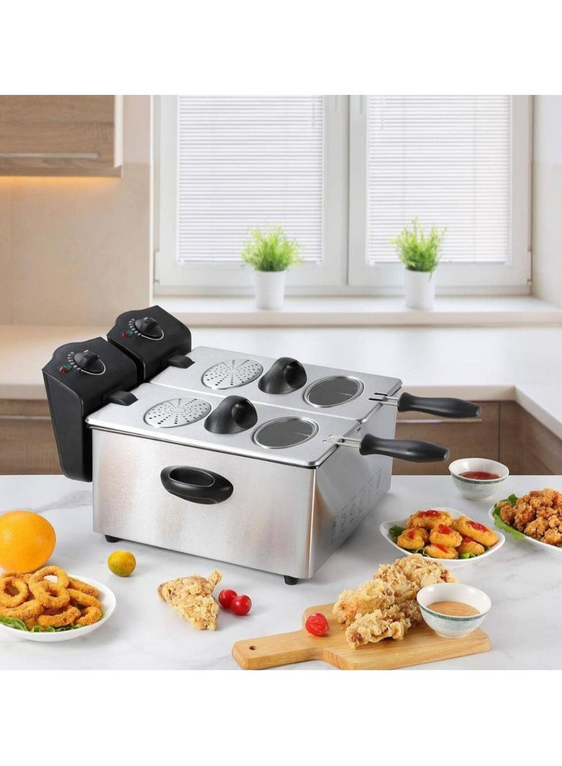 Stainless Steel Double Deep Fryer 6L with Window Lid – Dual Basket Electric Fryer with Oil Container, Adjustable Temperature & Timer, for Kitchen & Restaurant Use  - Image 5