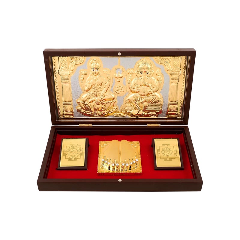 JSK Arts Copper Pure Gold Coated Ganesh Laxmi for Diwali Pooja Box Premium Gold Laxmi Ganesh for Diwali Pooja Box Auspicious Pocket Temple with Charan Paduka - Image 1