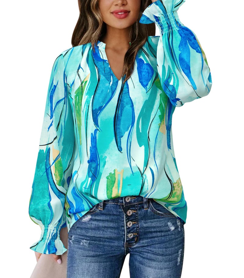 MASCOMODA Womens V Neck Floral Long Sleeve Tops 2026 Summer Casual Loose Puff Sleeve Chiffon Boho Work Blouse Dressy T Shirts(Blue Watercolour,X-Large) - Image 3