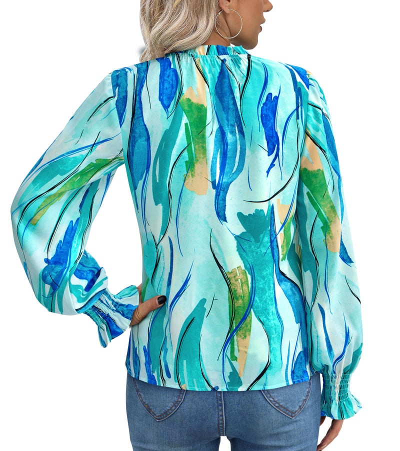 MASCOMODA Womens V Neck Floral Long Sleeve Tops 2026 Summer Casual Loose Puff Sleeve Chiffon Boho Work Blouse Dressy T Shirts(Blue Watercolour,X-Large) - Image 4
