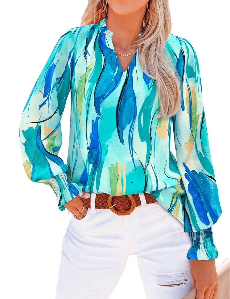 MASCOMODA Womens V Neck Floral Long Sleeve Tops 2026 Summer Casual Loose Puff Sleeve Chiffon Boho Work Blouse Dressy T Shirts(Blue Watercolour,X-Large) - Image 1