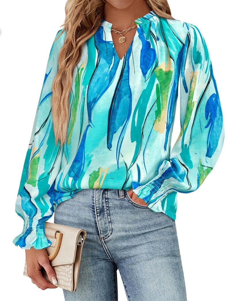 MASCOMODA Womens V Neck Floral Long Sleeve Tops 2026 Summer Casual Loose Puff Sleeve Chiffon Boho Work Blouse Dressy T Shirts(Blue Watercolour,X-Large) - Image 2