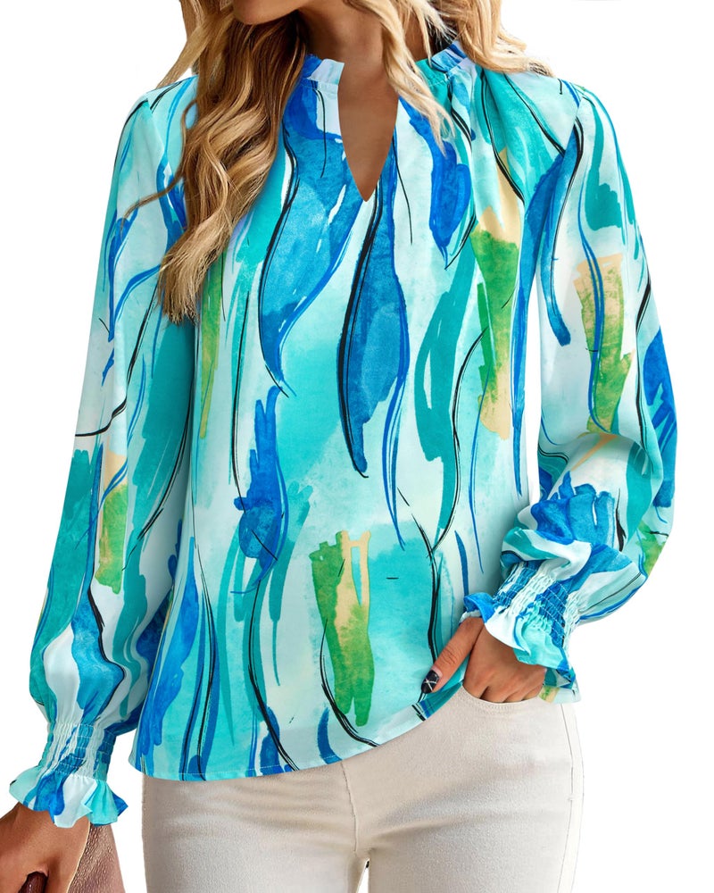 MASCOMODA Womens V Neck Floral Long Sleeve Tops 2026 Summer Casual Loose Puff Sleeve Chiffon Boho Work Blouse Dressy T Shirts(Blue Watercolour,X-Large) - Image 5