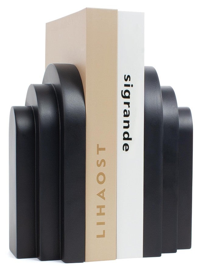 LIN CHUAN Heavy Duty Book Ends for Shelves, Decorative Bookends for Heavy Books Set of 2, 6.6 LBS Modern Book Stopper for Home Decor, Bookshelf, Aesthetic Bookend with Layered Arch Design, Black - Image 1