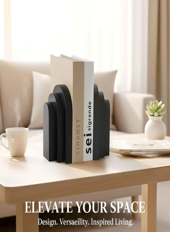 LIN CHUAN Heavy Duty Book Ends for Shelves, Decorative Bookends for Heavy Books Set of 2, 6.6 LBS Modern Book Stopper for Home Decor, Bookshelf, Aesthetic Bookend with Layered Arch Design, Black - Image 4