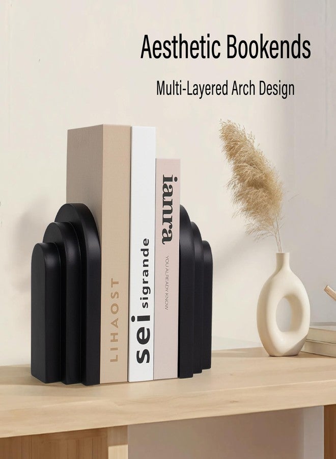 LIN CHUAN Heavy Duty Book Ends for Shelves, Decorative Bookends for Heavy Books Set of 2, 6.6 LBS Modern Book Stopper for Home Decor, Bookshelf, Aesthetic Bookend with Layered Arch Design, Black - Image 3