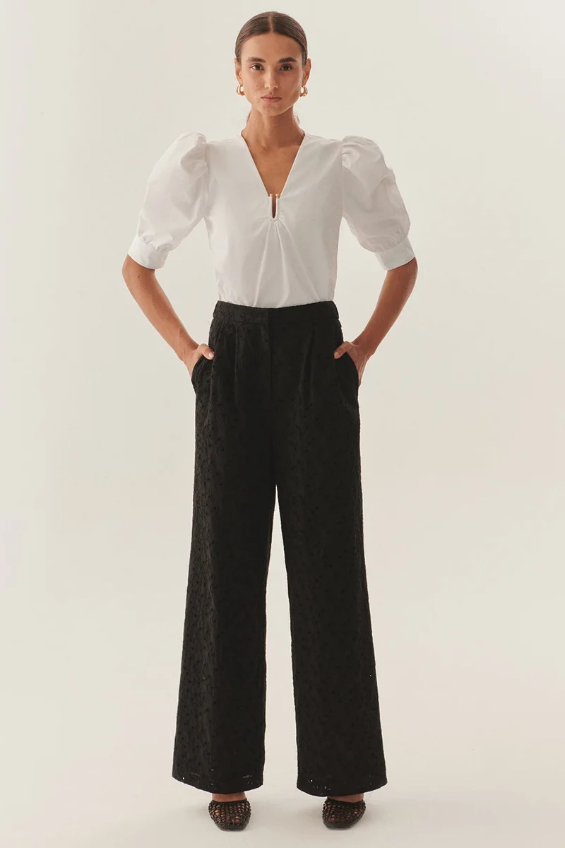 EXQUISE Lace Fabric Loose Fit Black Trousers