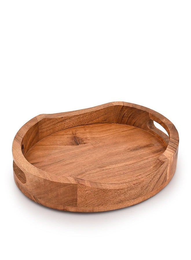 Mahasu Tray Acacia Wood Oval Large Tray with Handle Food Serving Trays for Living Room Home Dining Table (14" X 11" X 2") - Image 1