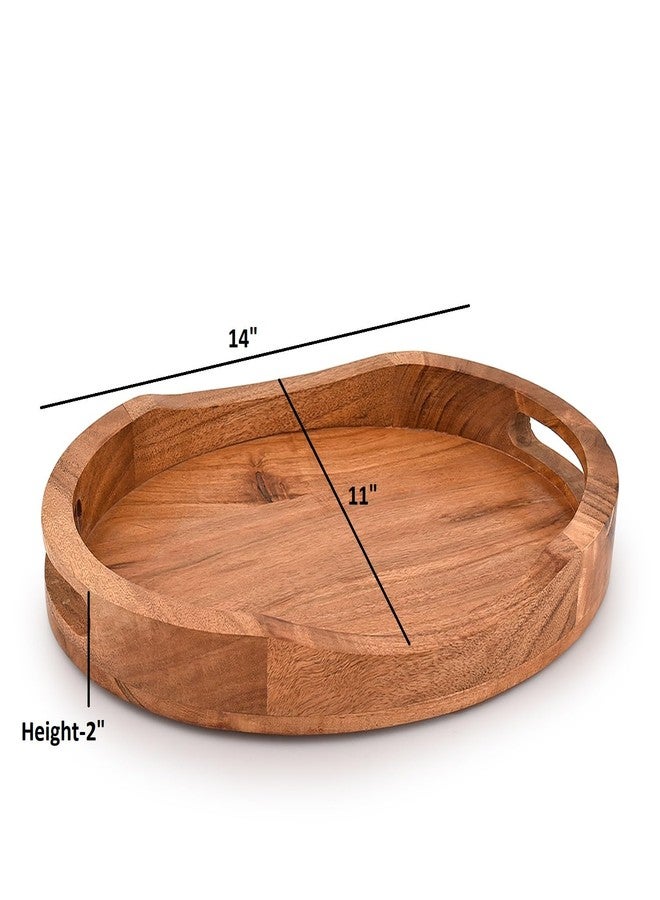 Mahasu Tray Acacia Wood Oval Large Tray with Handle Food Serving Trays for Living Room Home Dining Table (14" X 11" X 2") - Image 2