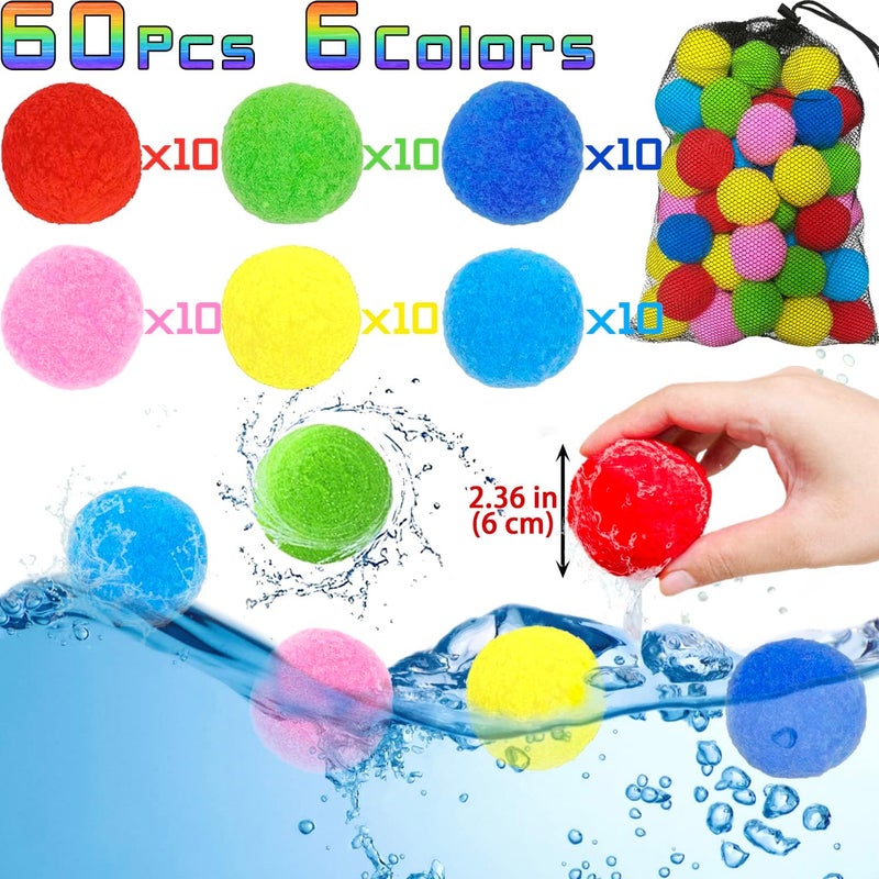 Jishi Reusable Water Sponge Balls 60pcs Water Balloons for Kids Beach Pool Toys, Outdoor Yard Games for Kids Ages 3-5 4-8-12 Year old Boys Girls Teens Adults Family Water Fight Party, Fun Summer Gifts - Image 2