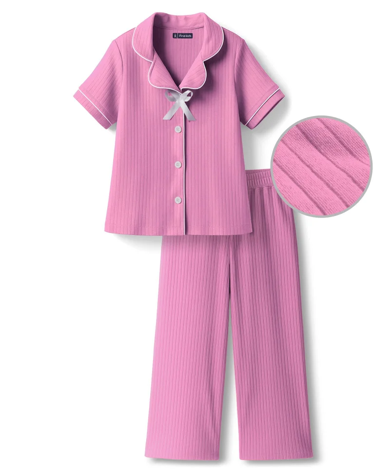 Pine Kids Pine Kids Drop Needle Knit Half Sleeves Solid Night Suit With Bow Applique - Fuchsia