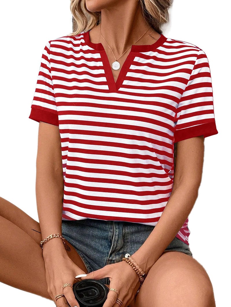 LilyCoco Striped Shirt Women V Neck T Shirts Short Sleeve Color Block Summer Tops Red Small - Image 5