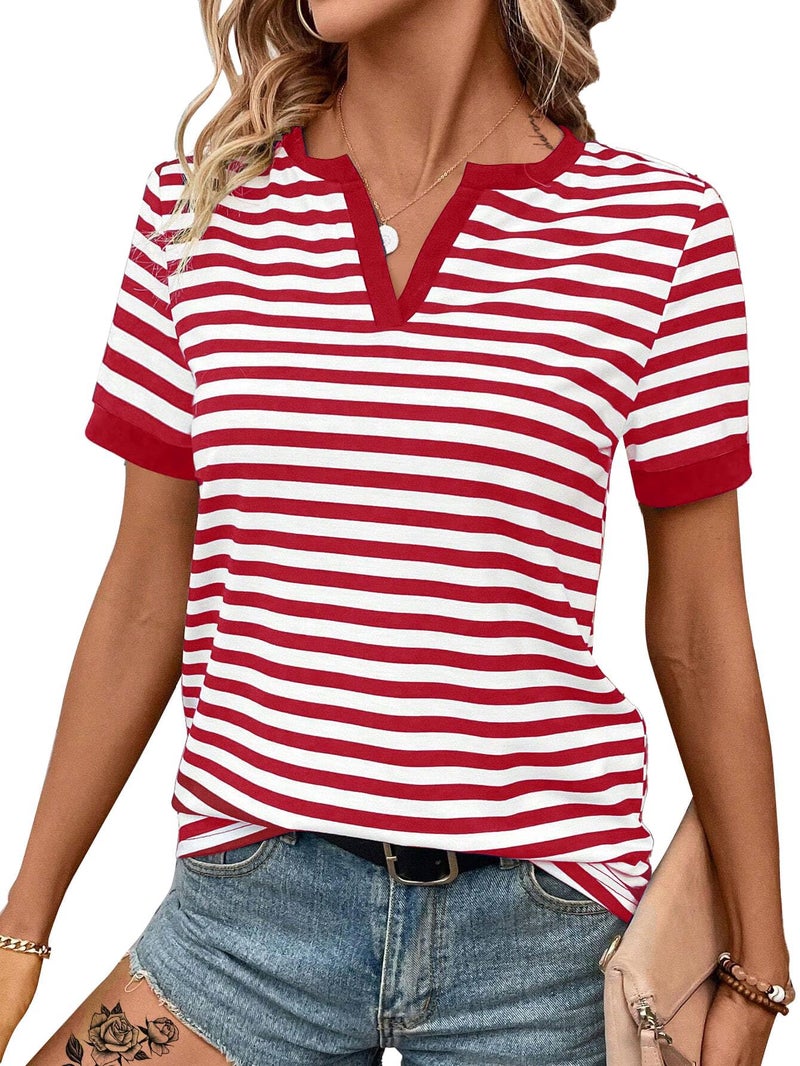 LilyCoco Striped Shirt Women V Neck T Shirts Short Sleeve Color Block Summer Tops Red Small - Image 1