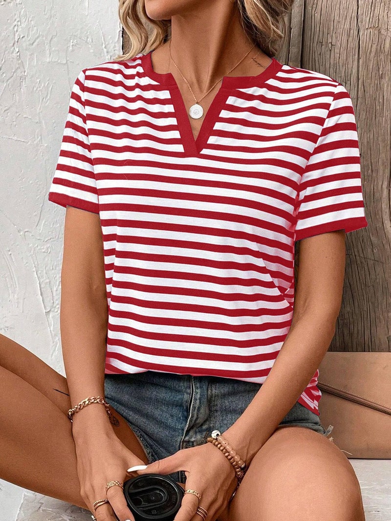 LilyCoco Striped Shirt Women V Neck T Shirts Short Sleeve Color Block Summer Tops Red Small - Image 3