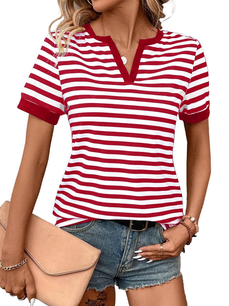 LilyCoco Striped Shirt Women V Neck T Shirts Short Sleeve Color Block Summer Tops Red Small - Image 4