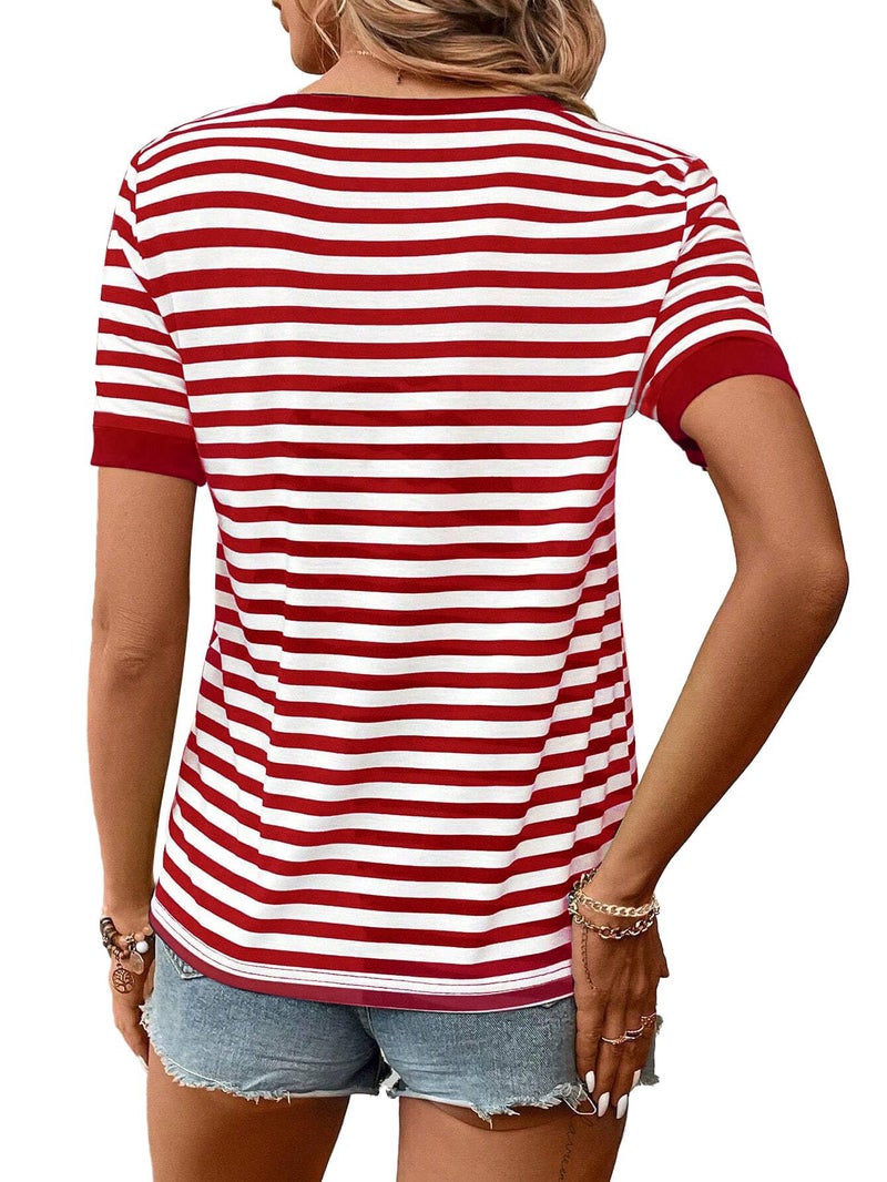 LilyCoco Striped Shirt Women V Neck T Shirts Short Sleeve Color Block Summer Tops Red Small - Image 2