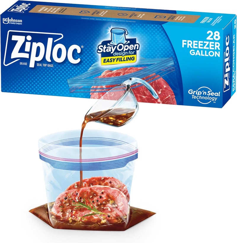Ziploc أكياس تخزين الطعام المجمدة زيبلوك سعة جالون بتصميم يبقى مفتوح مع قاعدة قائمة سهلة التعبئة 28 قطعة - Image 1