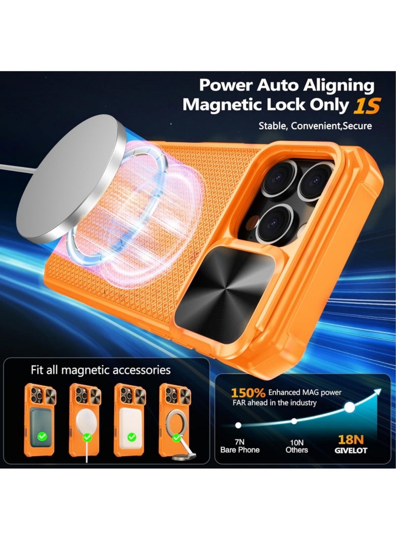 اووكاي جراب مغناطيسي لهاتف iPhone 17 Pro Max مع غطاء كاميرا منزلق، متوافق مع Magsafe Mil-Grade Protection مقاوم للصدمات ومتين مع مسند لهاتف iPhone 17 Pro Max (برتقالي) - Image 2