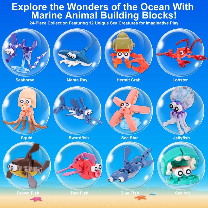 Kiddelo Building Block and Card Valentine Gifts 24 Building Blocks and 24 Cards for Kids' Party Favors, Birthday Gifts, Classroom Exchange Prizes, and Holiday Goodie Bags, Ocean Animal - Image 2