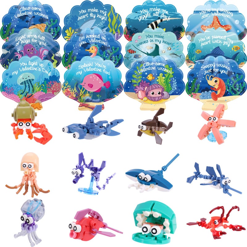 Kiddelo Building Block and Card Valentine Gifts 24 Building Blocks and 24 Cards for Kids' Party Favors, Birthday Gifts, Classroom Exchange Prizes, and Holiday Goodie Bags, Ocean Animal - Image 1