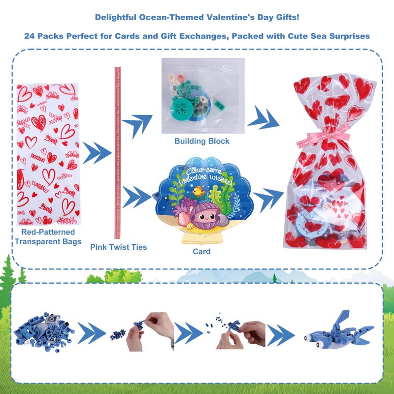 Kiddelo Building Block and Card Valentine Gifts 24 Building Blocks and 24 Cards for Kids' Party Favors, Birthday Gifts, Classroom Exchange Prizes, and Holiday Goodie Bags, Ocean Animal - Image 5