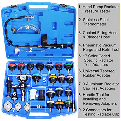 JIFETOR Radiator Coolant Pressure Tester Vacuum Refill Tool Kit, 28PCS Automotive Cooling System Leak Test and Pneumatic Purge Fill Set with Testing Adapter Caps Universal for Airlift Car Auto Truck - Image 2