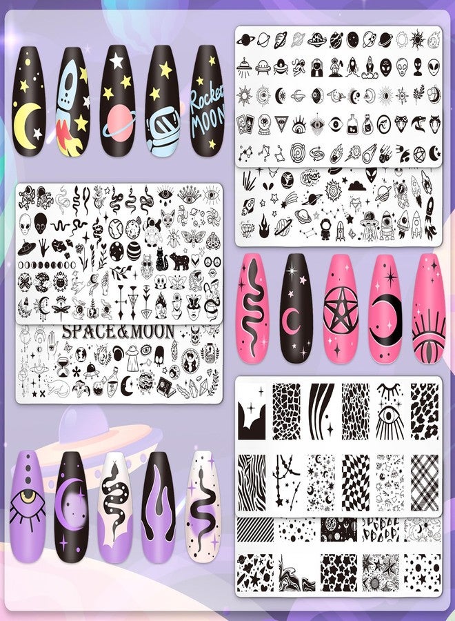 وولاين مجموعة ختم أظافر Whaline من 6 قطع من قوالب ختم الصواريخ والقمر والكواكب ورواد الفضاء، لوحات فنية للأظافر للطباعة بنفسك، تصميم صالون مانيكير - Image 3