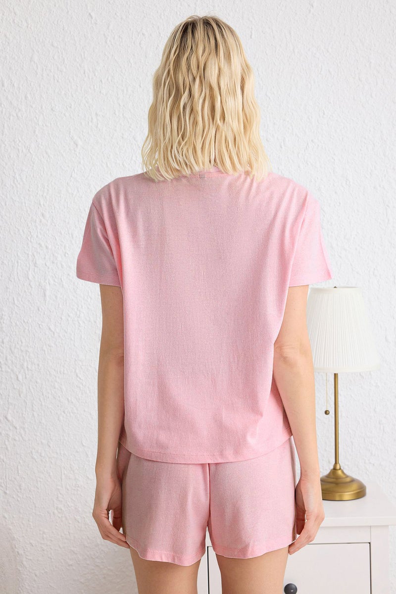 trendyol Pink Cotton Heart Patch Shorts Knitted Pajamas Set - Image 4