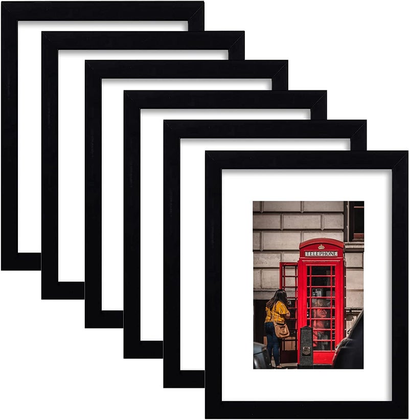 PWTAKO 8x10 Picture Frame Set of 6 Display Pictures 5x7 with Mat or 8x10 Without Mat for Wall Mounting or Table Top DisplayBlack
