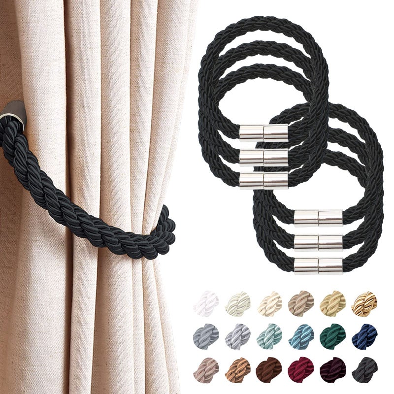 NICEEC 6 Pack Strong Magnetic Curtain Tiebacks Modern Simple Style Drape Tie Backs Convenient Decorative Weave Rope Curtain Holdbacks for Thin or Thick Home  Office Window Draperies Black