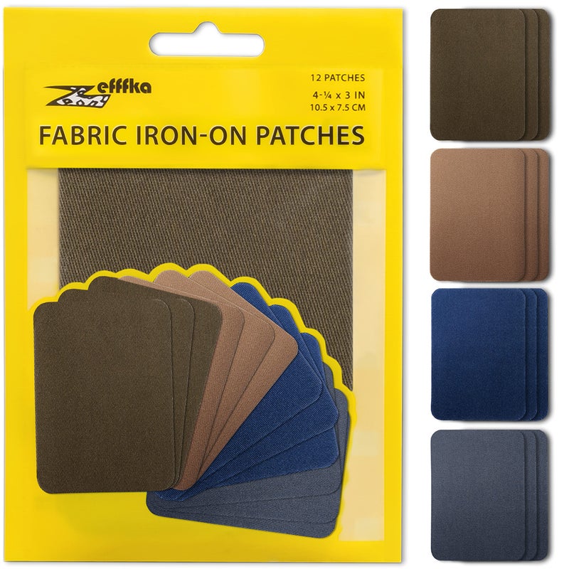 ZEFFFKA Premium Quality Fabric Ironon Patches Inside Outside Strongest Glue 100 Cotton Deep Blue Khaki Gray Brown Repair Decorating Kit 12 Pieces Size 3 by 414 75 cm x 105 cm