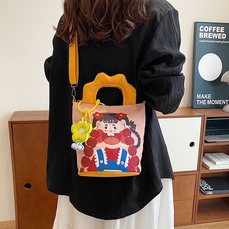 Women's Canvas Bucket Shoulder Bag with Cute Graffiti Print - Image 5