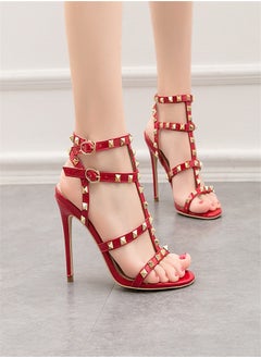 Eloshman 9.5cm Vintage Lacquer Leather Metal Rivet High Heel Sandals Red  - Image 1
