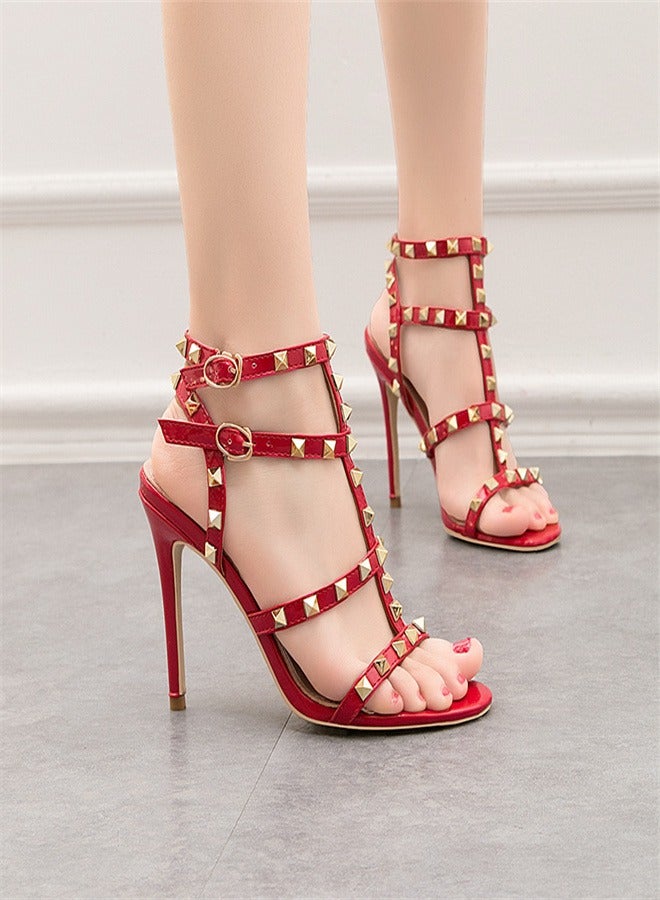 Eloshman 9.5cm Vintage Lacquer Leather Metal Rivet High Heel Sandals Red - Image 1