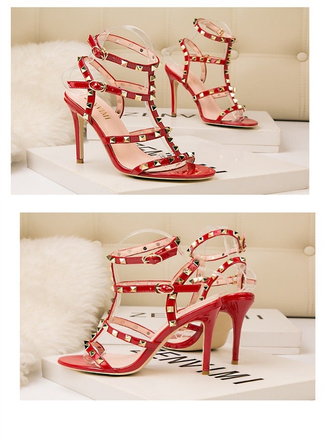 Eloshman 9.5cm Vintage Lacquer Leather Metal Rivet High Heel Sandals Red - Image 2