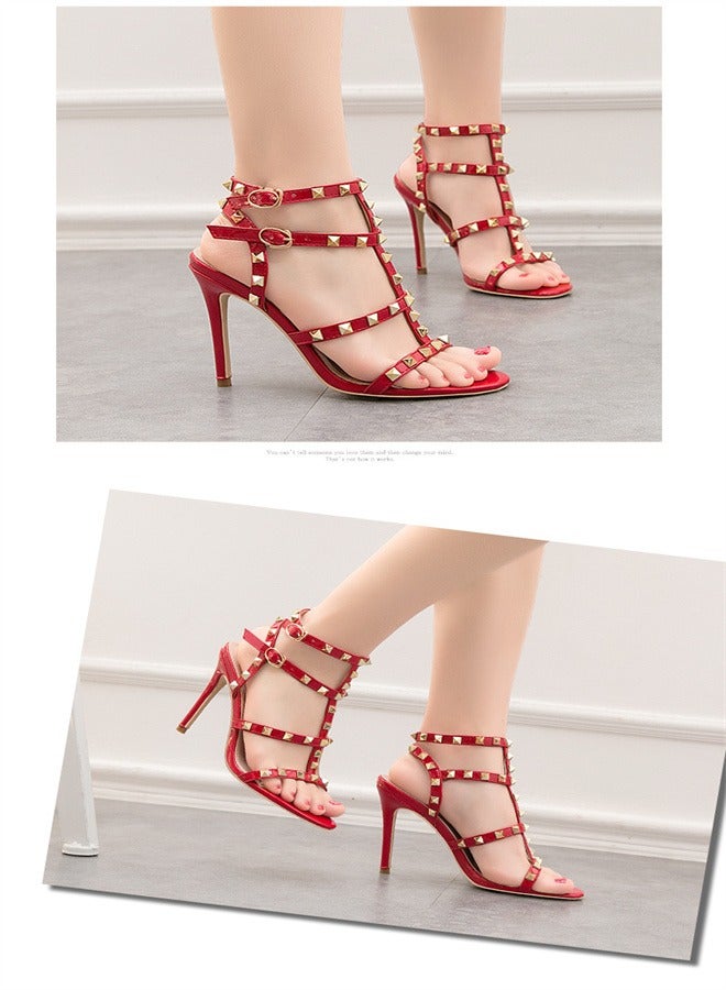 Eloshman 9.5cm Vintage Lacquer Leather Metal Rivet High Heel Sandals Red - Image 3