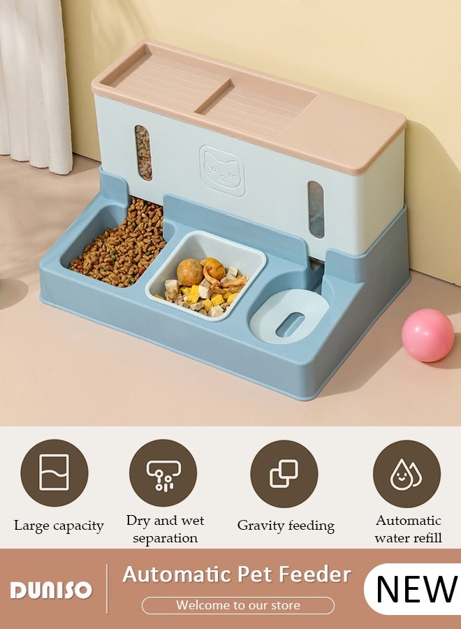 DUNISO طقم موزع طعام وماء للحيوانات الأليفة (الكلاب والقطط)، مغذي قطط تلقائي وماء، 3 في 1 طعام الكلاب، وعاء طعام القطط، حاوية ماء، مغذي قطط، أطقم أطباق مزدوجة مضادة للتشقق - Image 1