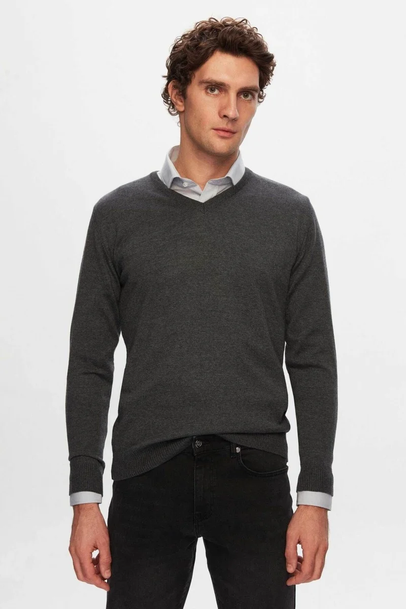 دي أس دامات Regular Fit Anthracite Plain V Neck Knitwear Sweater 5HF06ORT12003