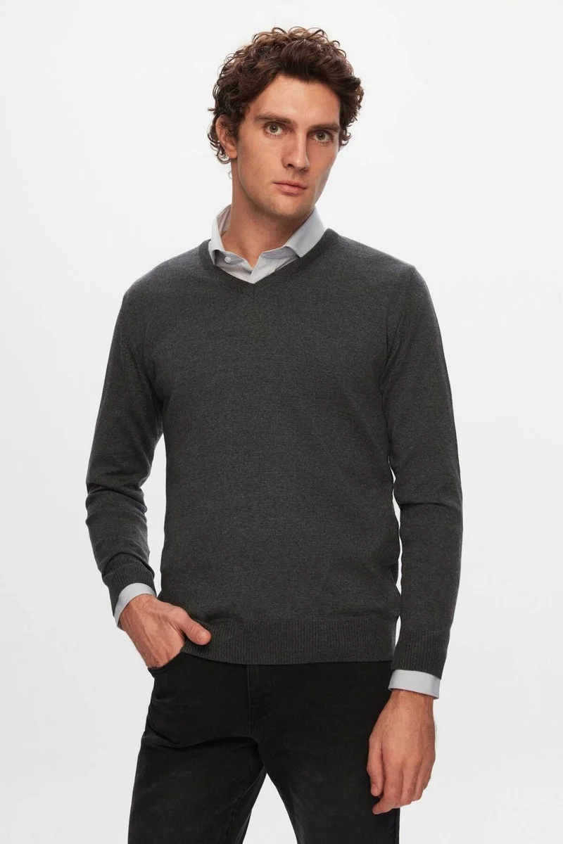 دي أس دامات Regular Fit Anthracite Plain V Neck Knitwear Sweater 5HF06ORT12003