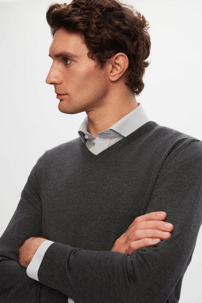 D'S DAMAT Regular Fit Anthracite Plain V Neck Knitwear Sweater 5HF06ORT12003  - Image 3