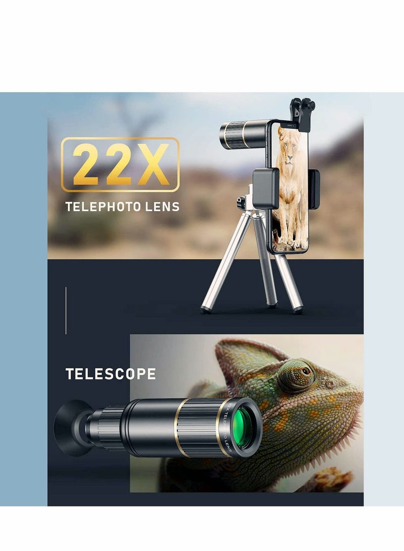 Phone Camera Lens Kit 4 in 1, Attachment for SmartPhone, 22X Telephoto Lens, 205° Fisheye 4K HD 0.67X Wide Angle 25X Macro Compatible with all Phones - Image 2