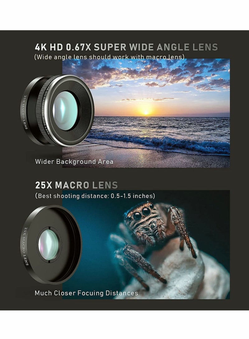 Phone Camera Lens Kit 4 in 1, Attachment for SmartPhone, 22X Telephoto Lens, 205° Fisheye 4K HD 0.67X Wide Angle 25X Macro Compatible with all Phones - Image 4