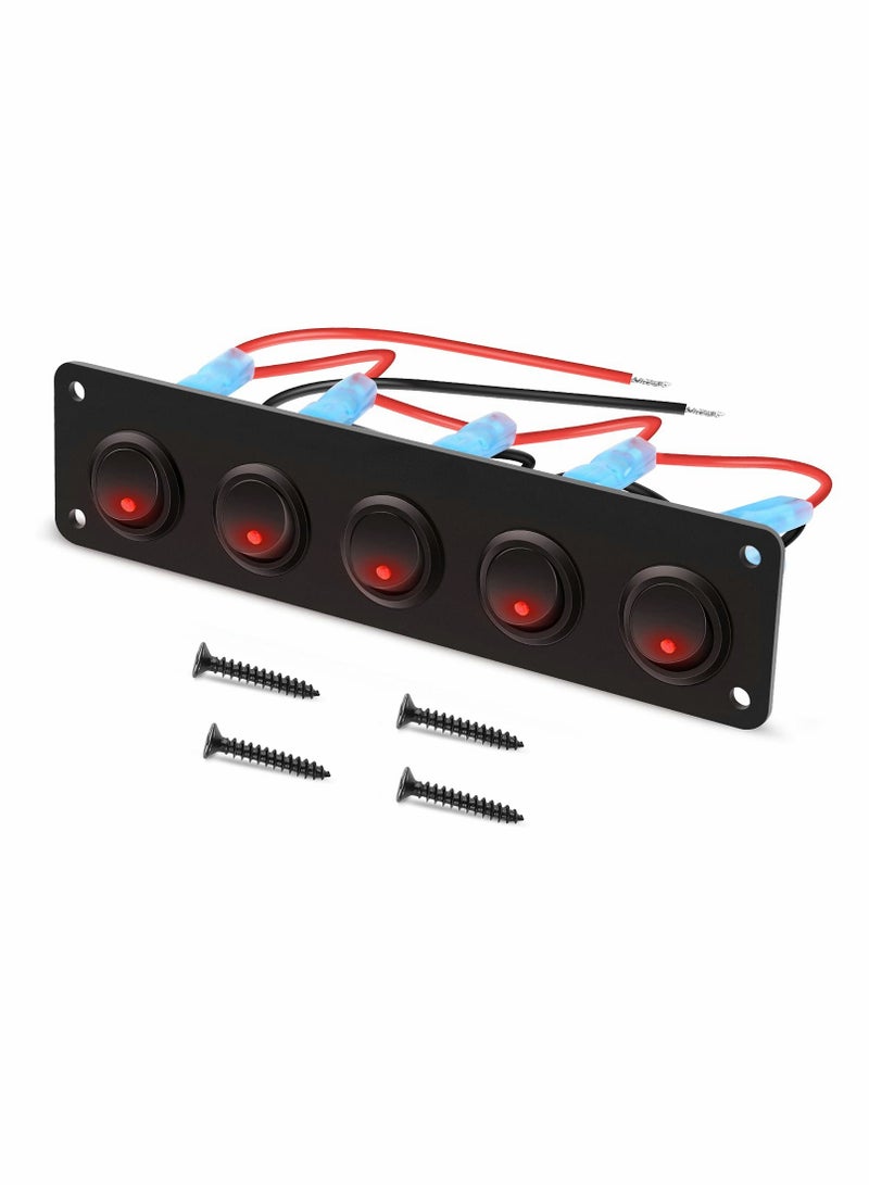 5 Gang 3 Pin Rocker Switch Panel Waterproof On Off 12V Red Toggle Switch for Cars Trucks Boats - Image 1
