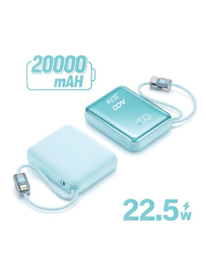 AVOO Small & Lightweight Portable Power Bank 20000mAh Fast Charging PD with Dual Built-in Cables – Elegant Blue Portable Battery for iPhone, Samsung & Android - Image 1